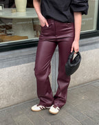 LEATHER STRAIGHT LEG PANTS PETITE BURGUNDY