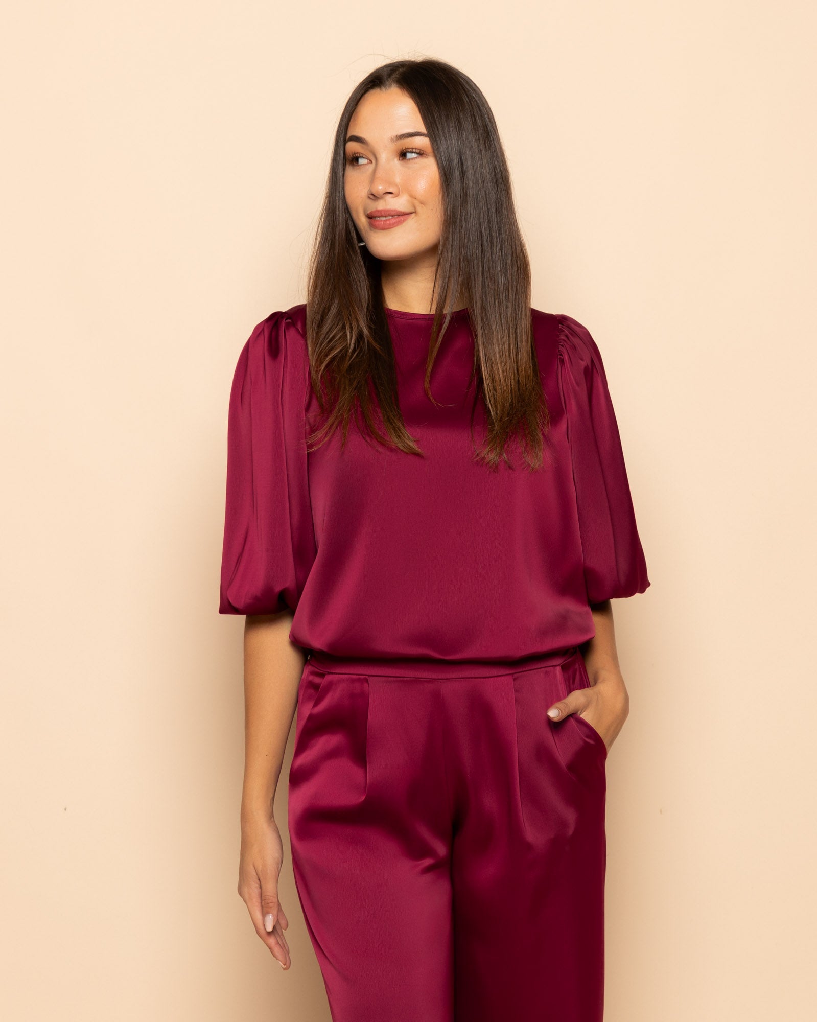 JULIE SATIN PANTALON PETITE BORDEAUX