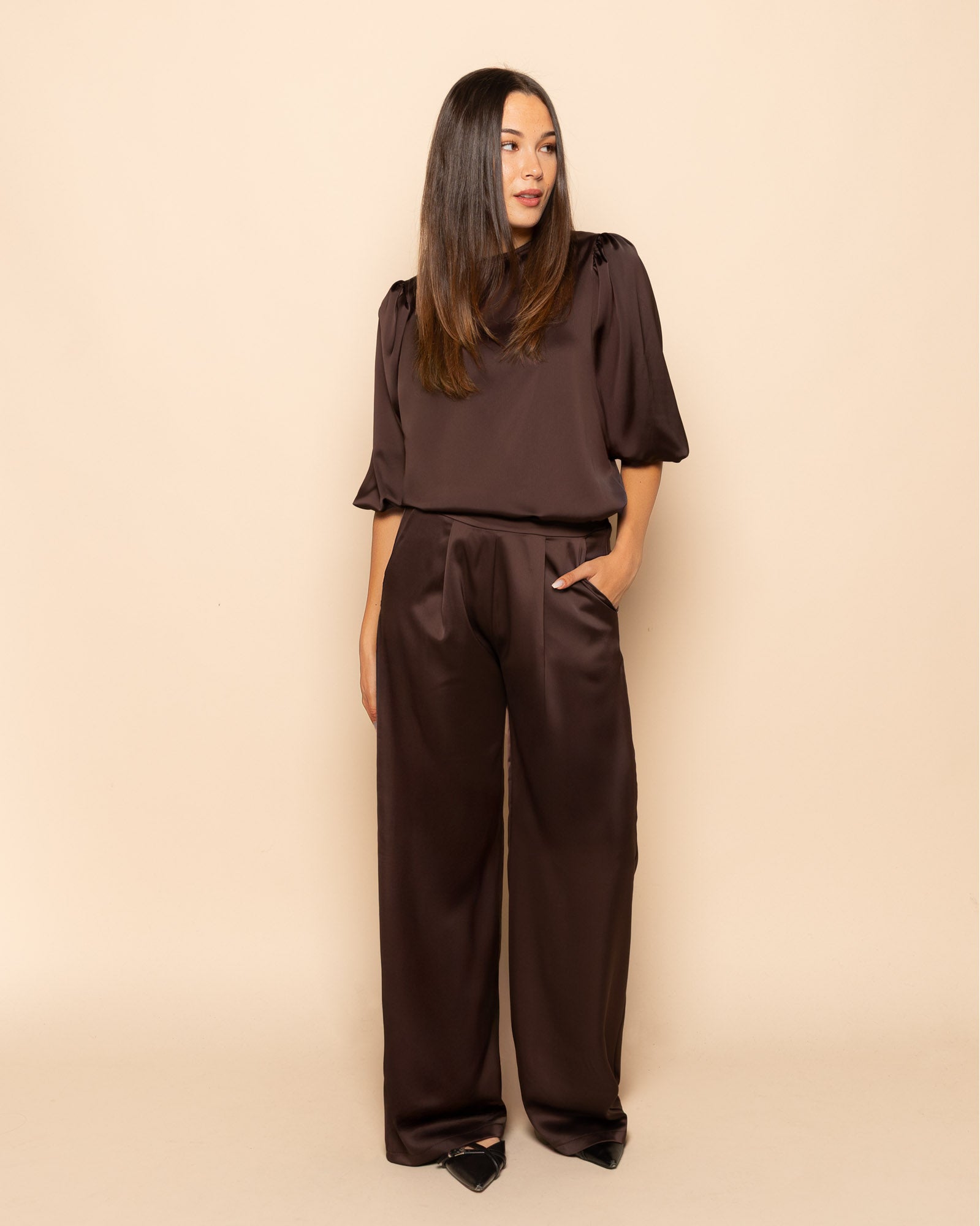 JULIE SATIN PANTALON PETITE BROWN