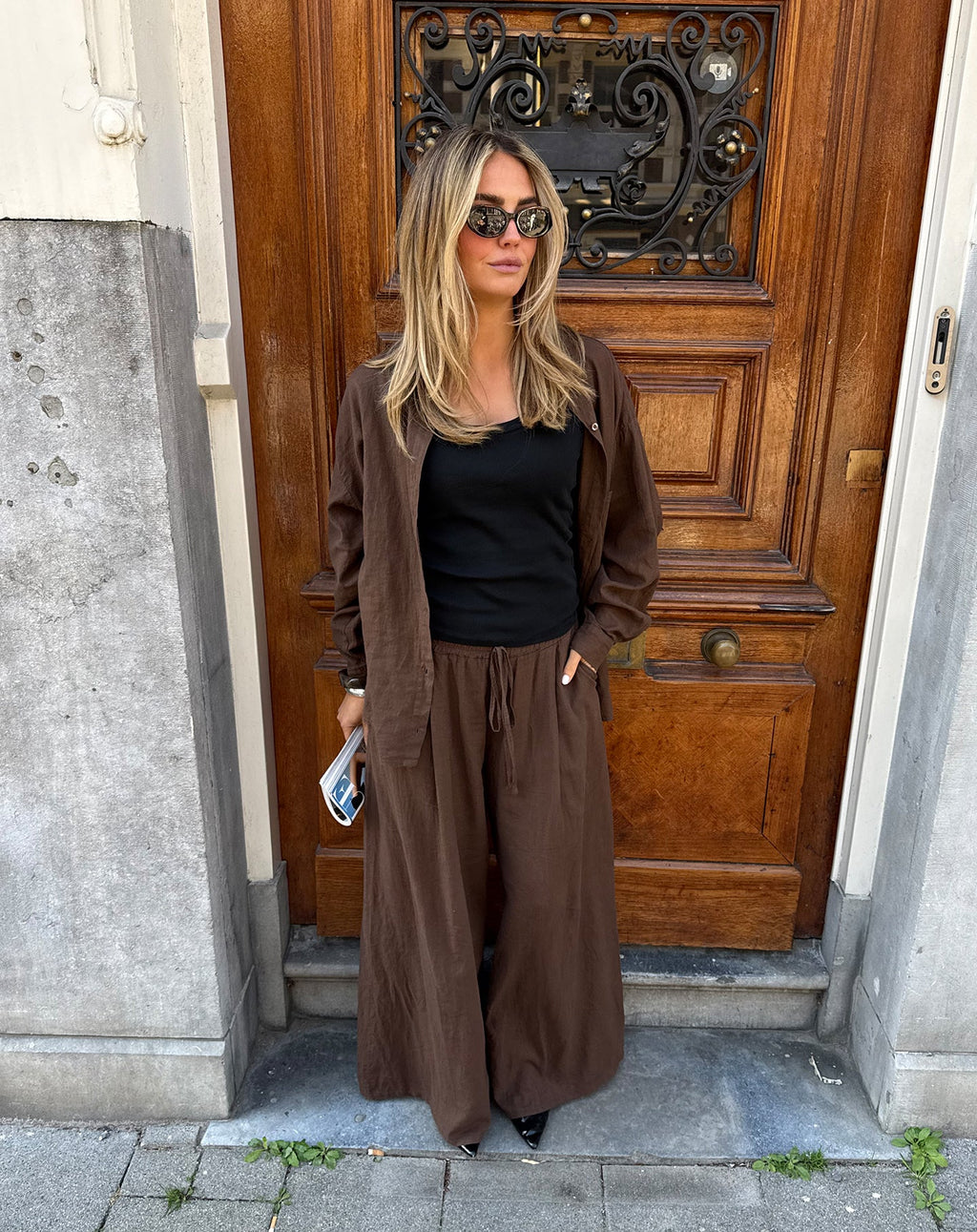 CARMEN LINEN WIDE LEG PANTS PETITE BROWN