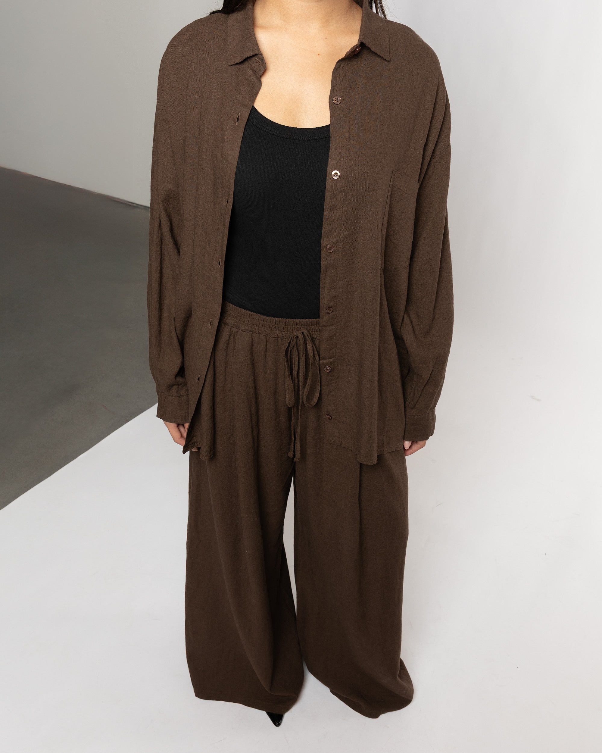 CARMEN LINEN WIDE LEG PANTS PETITE BROWN