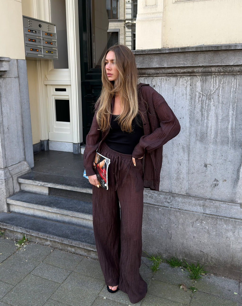 FANCY CHIFFON WIDE LEG PANTS PETITE BROWN