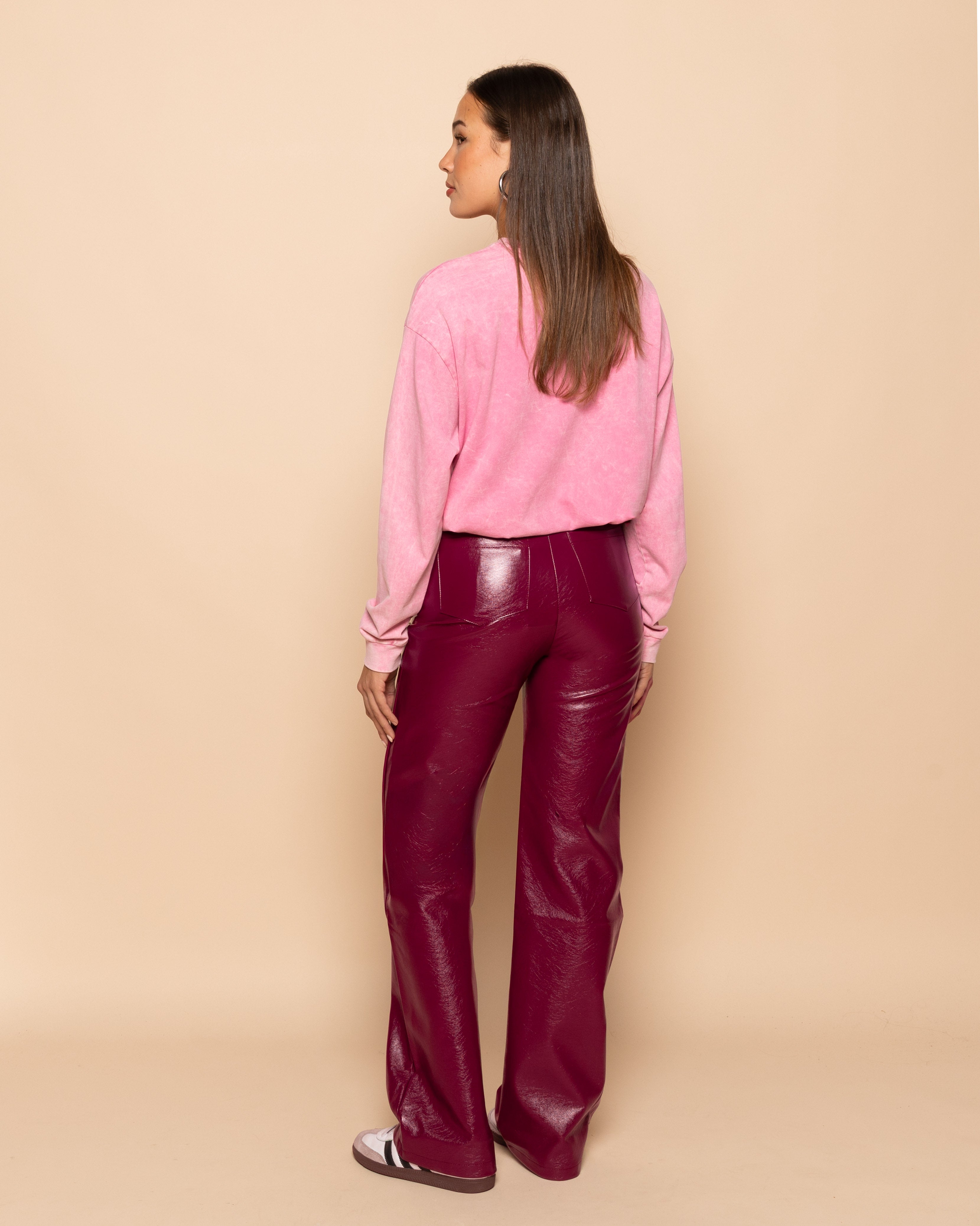 LIQUID LEATHER STRAIGHT LEG PANTS PETITE BURGUNDY