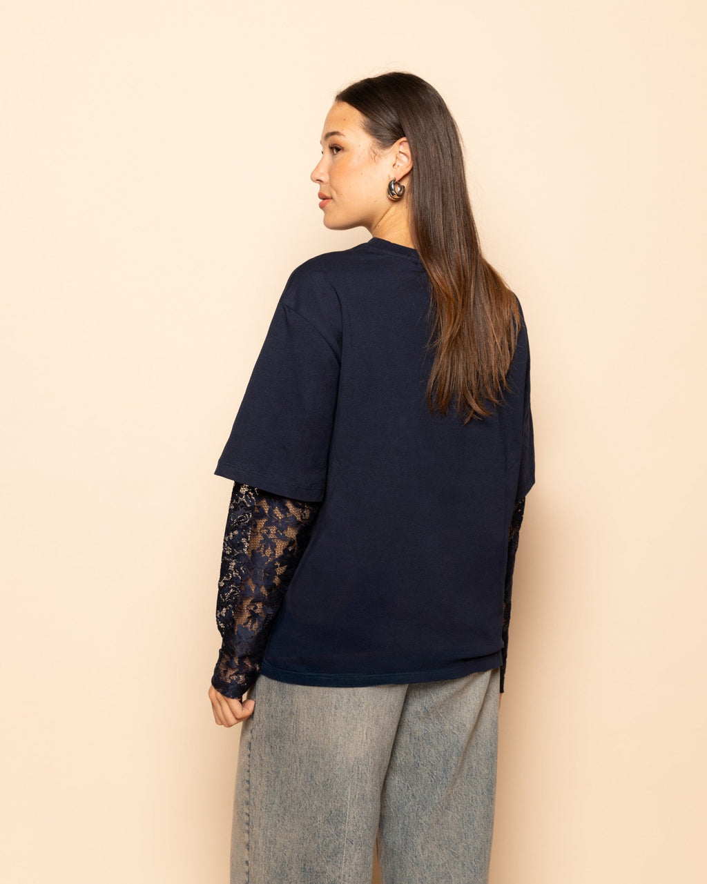 LACE LONG SLEEVE OVERSIZED TEE NAVY