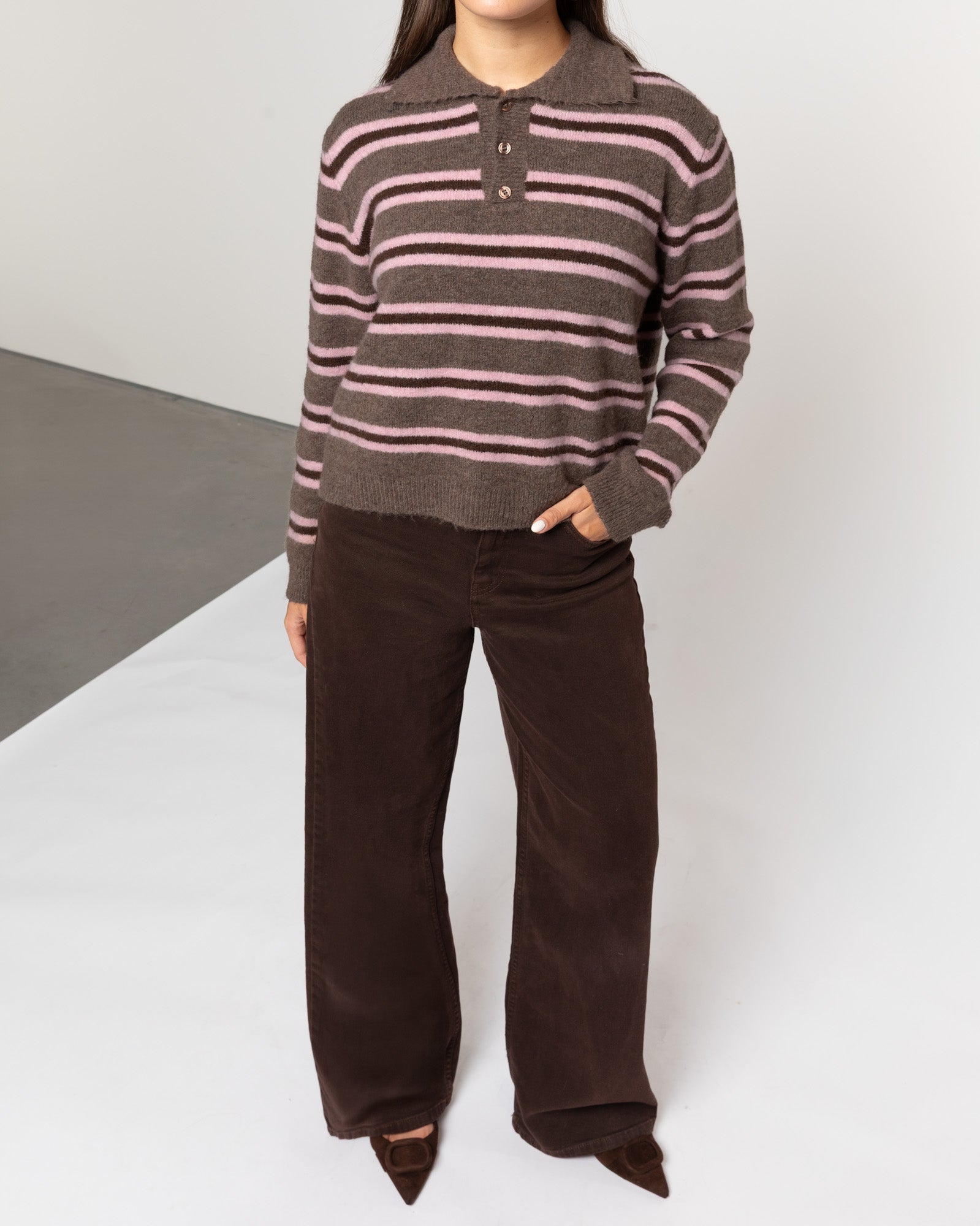 STRIPE KNITTED POLO PINK