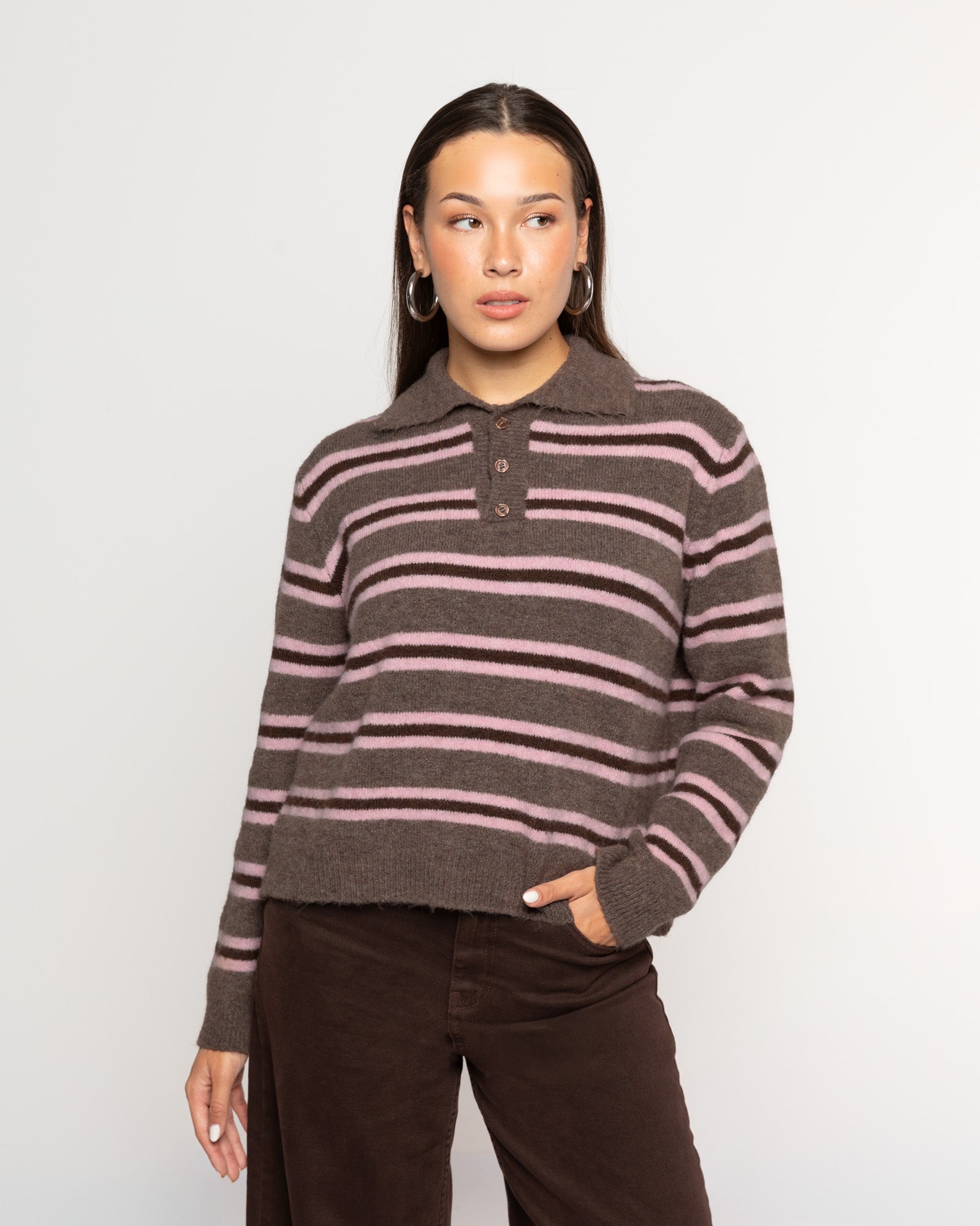 STRIPE KNITTED POLO PINK