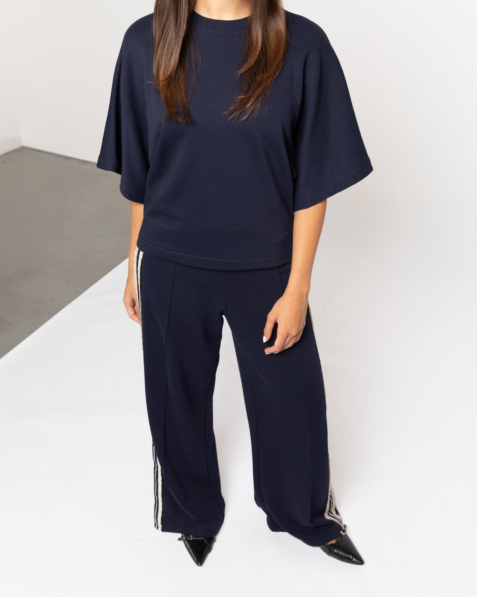 WIDE LEG LACE TAPE SWEAT PANTS PETITE NAVY
