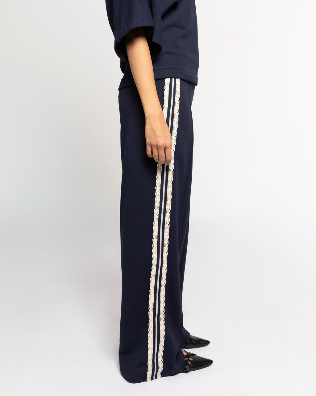 WIDE LEG LACE TAPE SWEAT PANTS PETITE NAVY