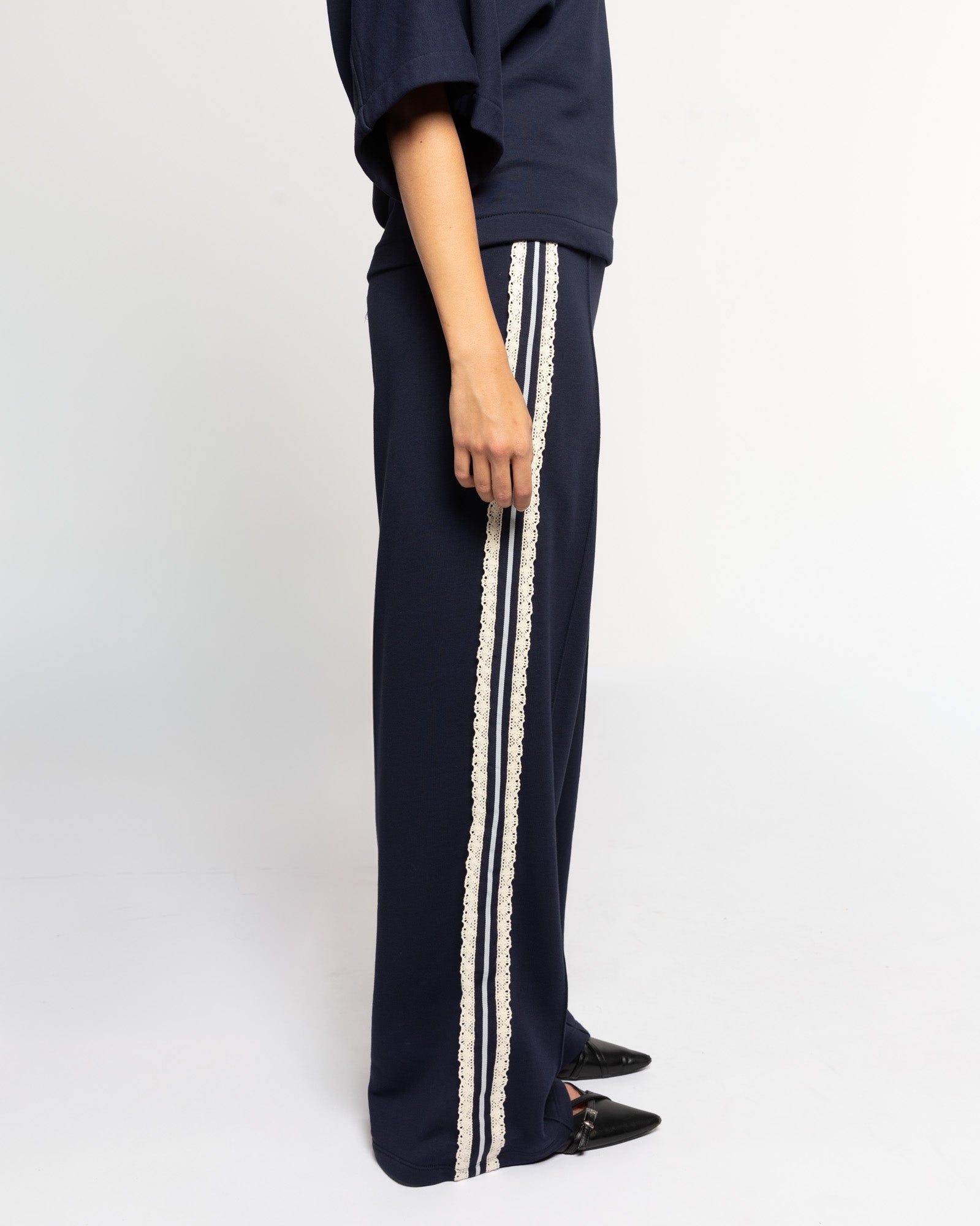 WIDE LEG LACE TAPE SWEAT PANTS PETITE NAVY