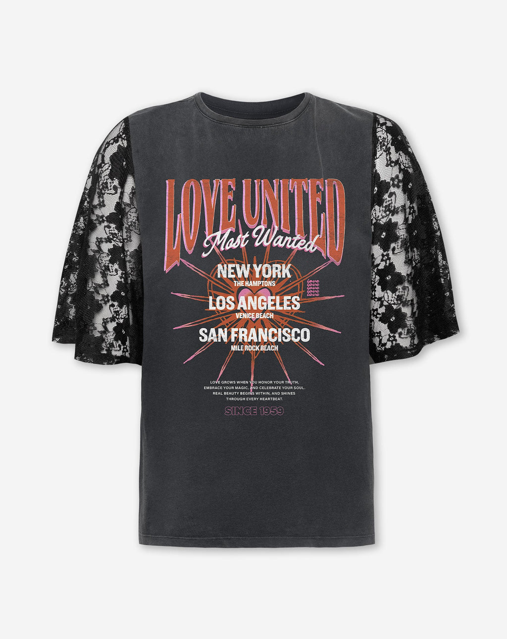 LOVE UNITED LACE SLEEVE TEE ACID GREY