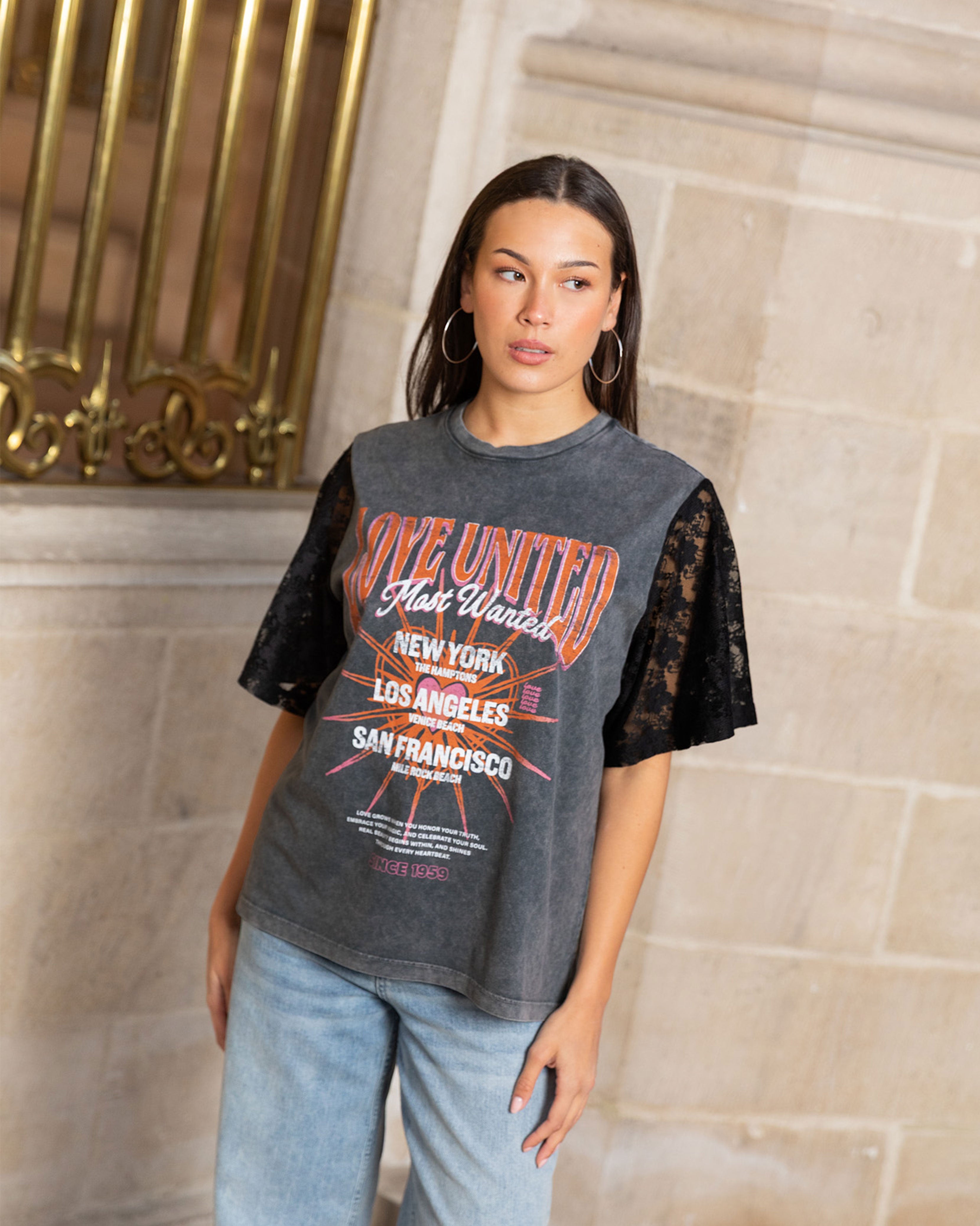 LOVE UNITED LACE SLEEVE TEE ACID GREY