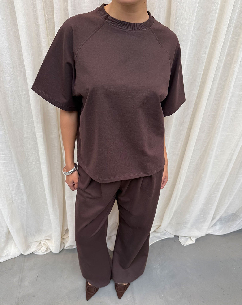 PLEATED WIDE LEG SWEAT PANTS PETITE BROWN