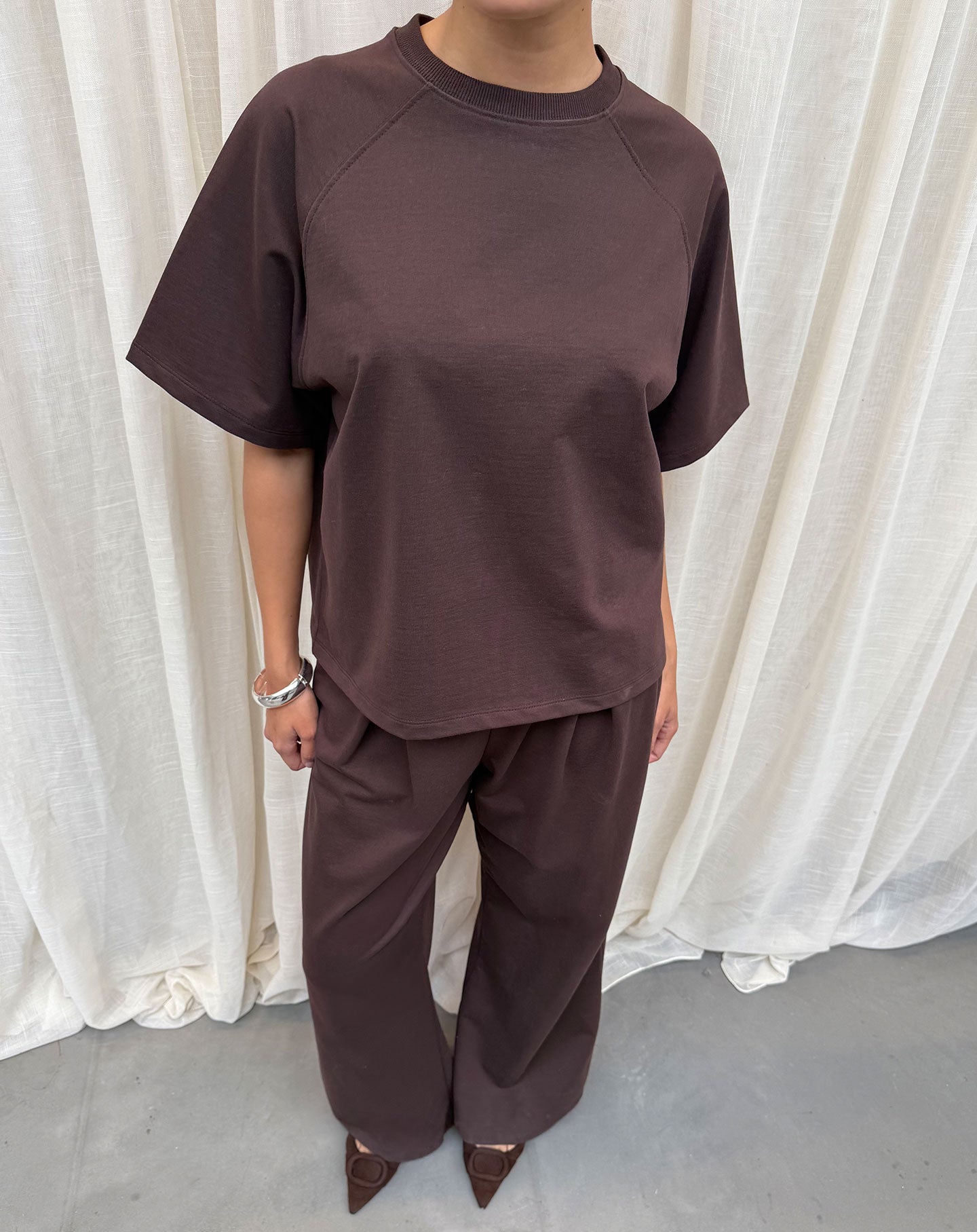 PLEATED WIDE LEG SWEAT PANTS PETITE BROWN