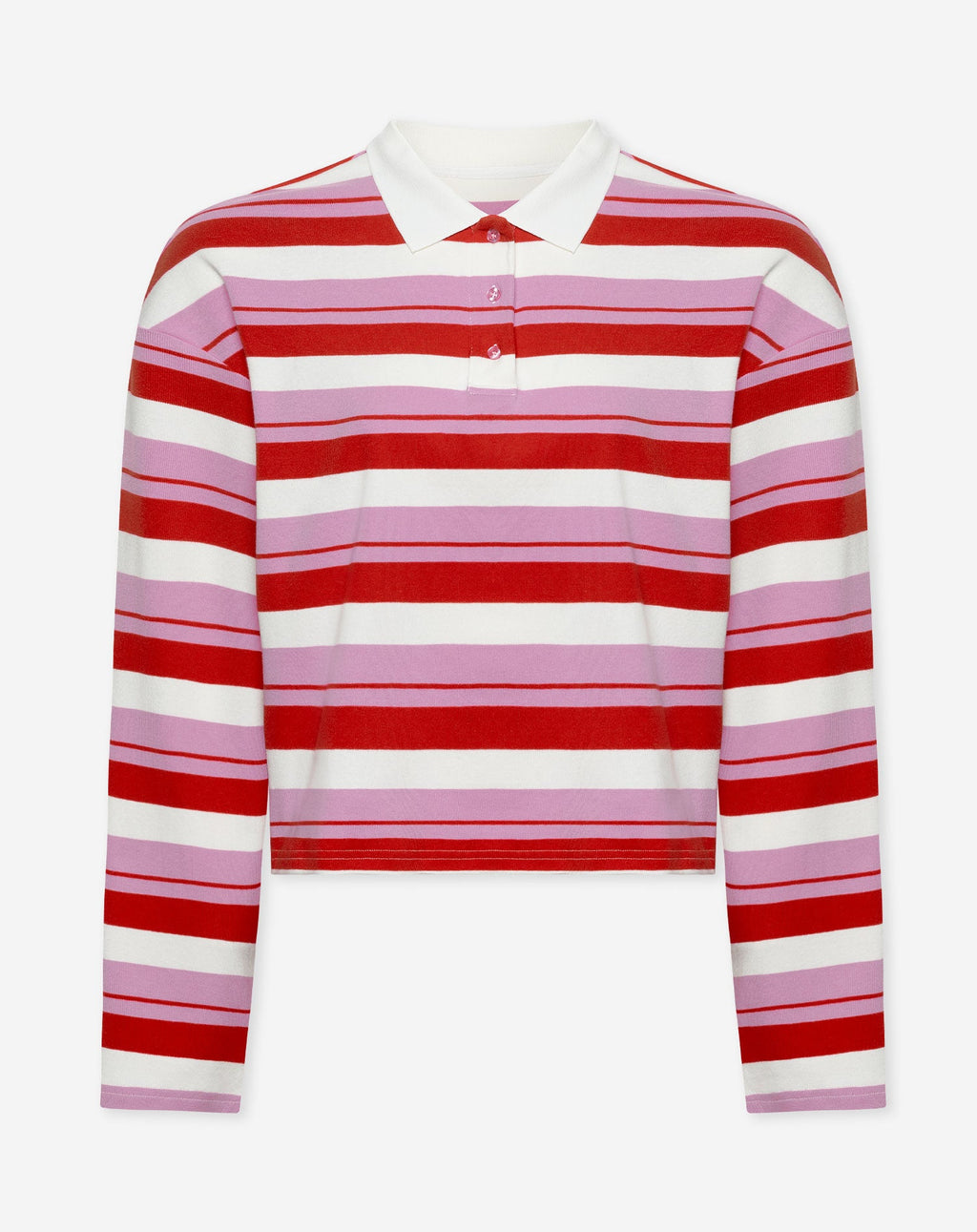 SHAYLEE STRIPED LONG SLEEVE CROPPED POLO RED PINK