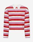 SHAYLEE STRIPED LONG SLEEVE CROPPED POLO RED PINK
