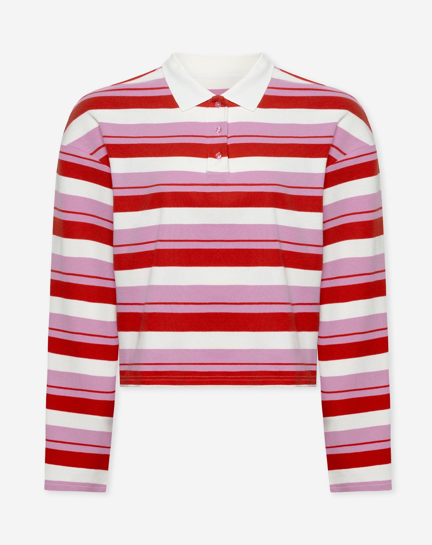 SHAYLEE STRIPED LONG SLEEVE CROPPED POLO RED PINK