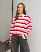 SHAYLEE STRIPED LONG SLEEVE CROPPED POLO RED PINK