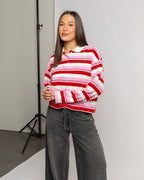 SHAYLEE STRIPED LONG SLEEVE CROPPED POLO RED PINK