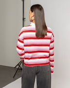 SHAYLEE STRIPED LONG SLEEVE CROPPED POLO RED PINK