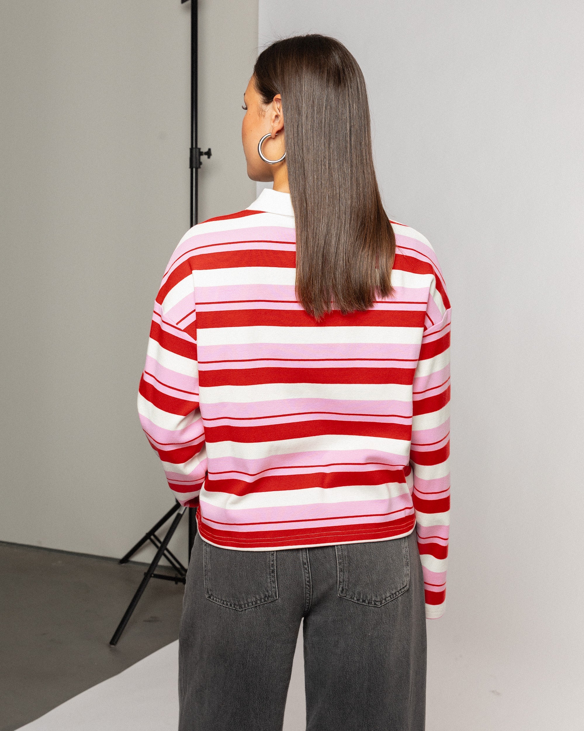 SHAYLEE STRIPED LONG SLEEVE CROPPED POLO RED PINK