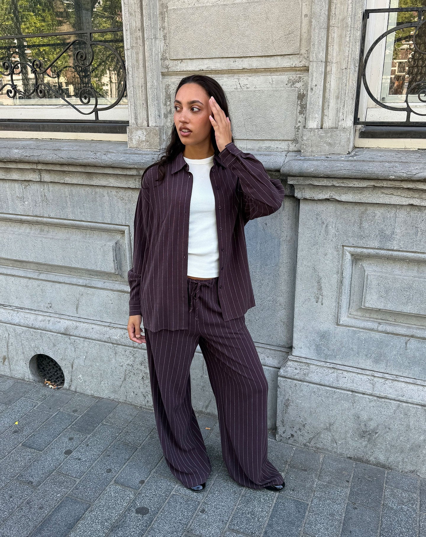 RHODE LINEN PULL ON PANTS PETITE PIN STRIPE BRUIN