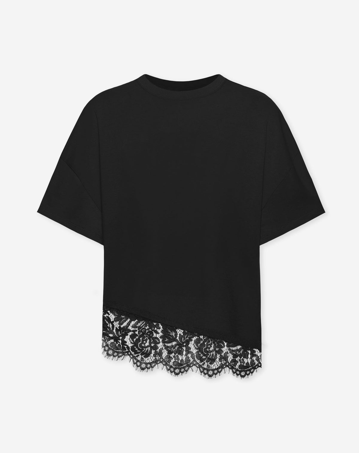 ASYMMETRIC LACE HEM TEE BLACK