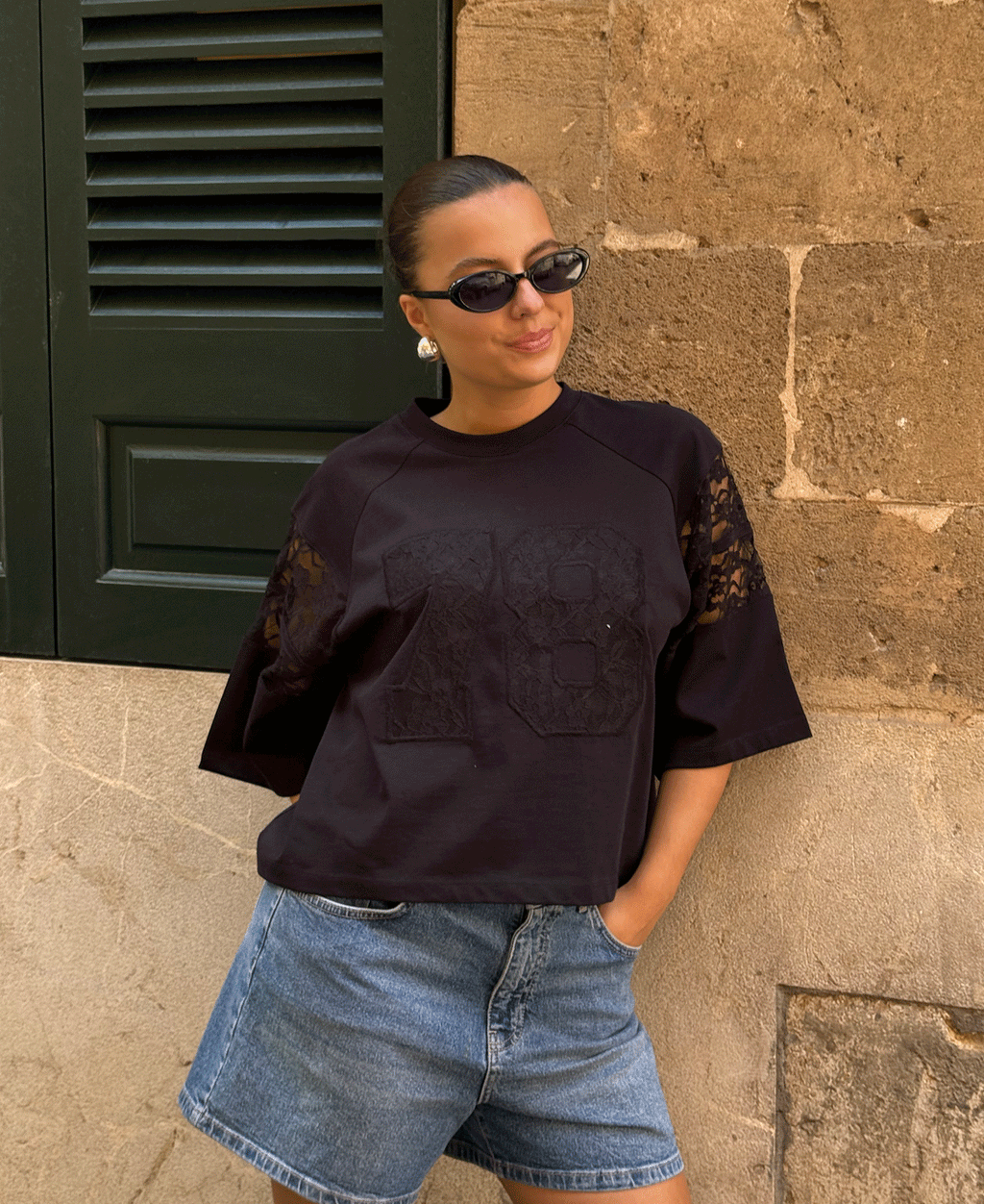 78 RAGLAN LACE TEE BLACK