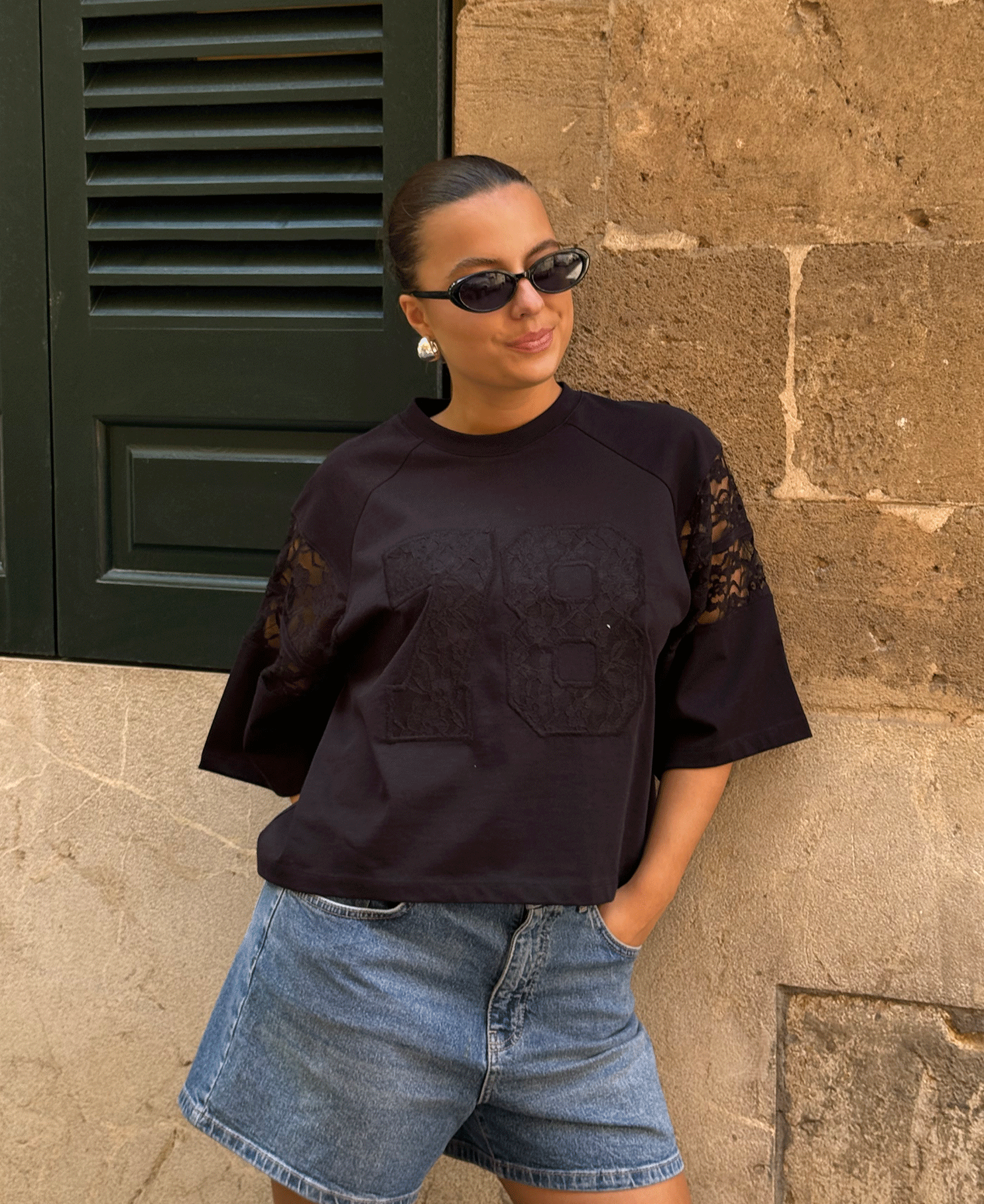 78 RAGLAN LACE TEE BLACK