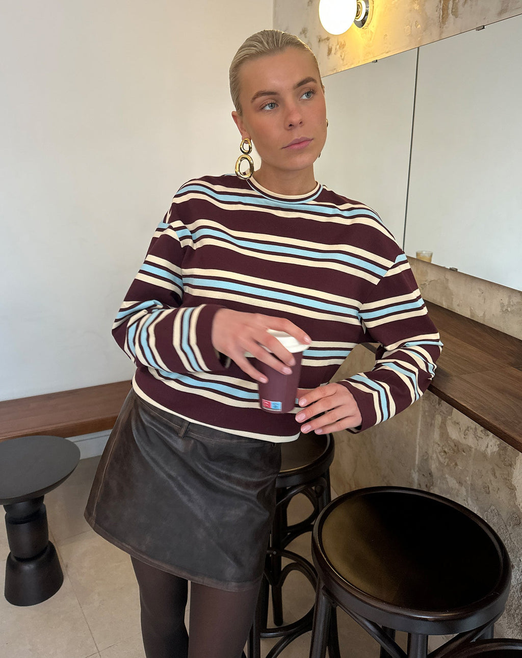LAINE STRIPED LONG SLEEVE OVERSIZED TEE BURGUNDY